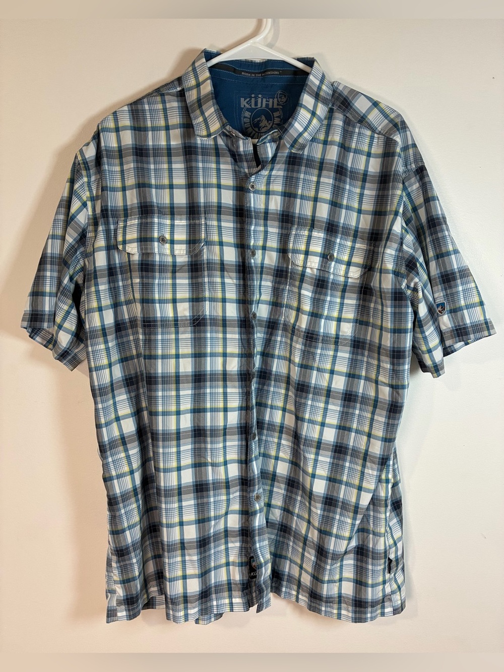 Kuhl Eluxur Short Sleeve Shirt, Plaid, Blue / White/ Black / Yellow, Men’s XL